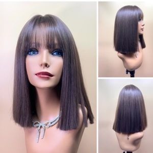 15” medium ash brown blunt cut straight shoulder length even bangs synthetic wig